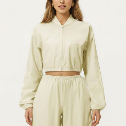 Cropped Zip Front Jacket with Elastic Hem and Long Sleeves