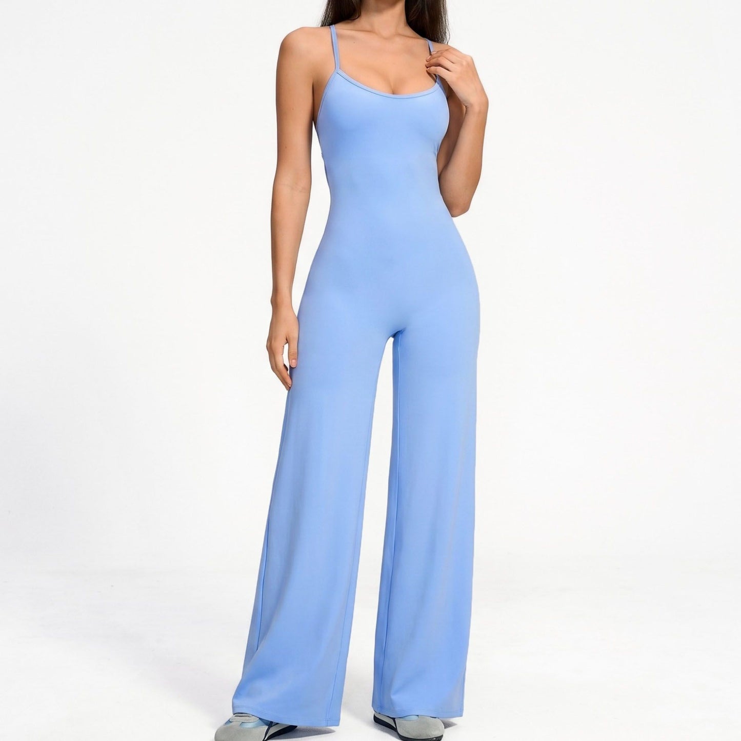 Scoop Neck Wide Leg Athletic Jumpsuit with Adjustable Crisscross Back Straps for Yoga Gym