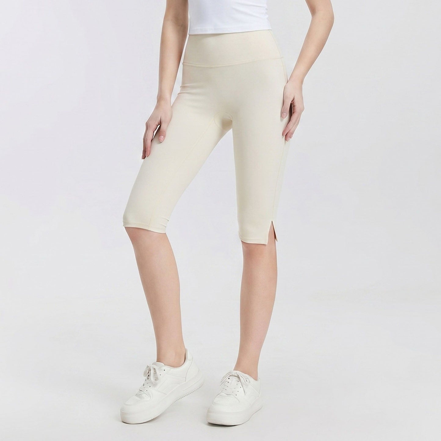 High Waist Capri Leggings with Side Slit Hem Smooth Stretch Pull On Workout Yoga Pants