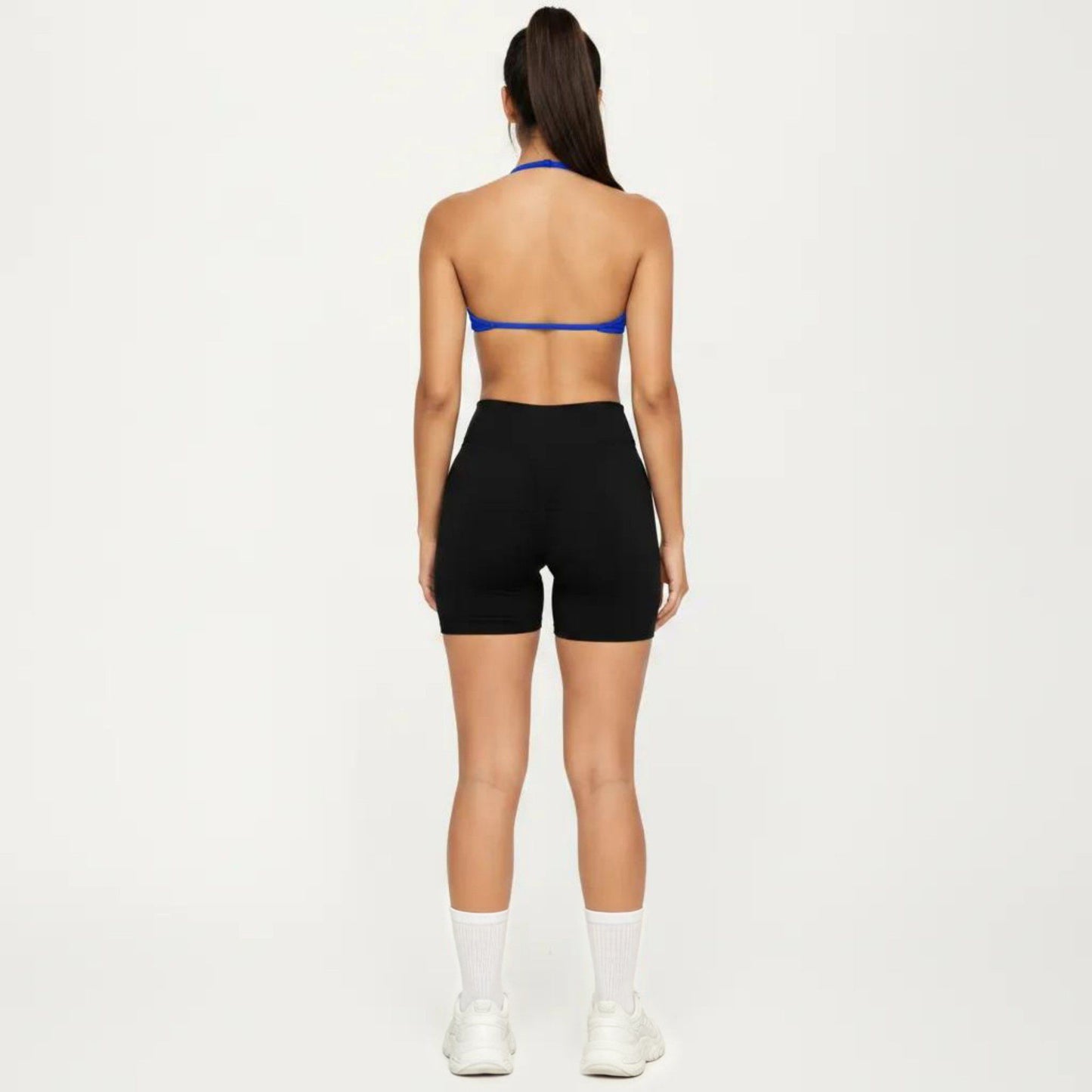 Halter Sports Bra with Ruched Front Detail and Open Back Design