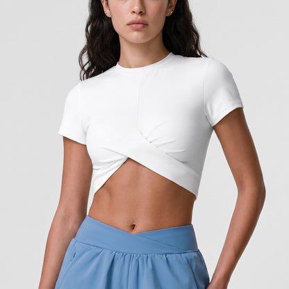 Short Sleeve Twist Front Crop Workout Top Crew Neck Yoga Activewear T Shirt
