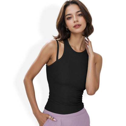 Sleeveless Double Strap Racerback Tank Top with Ribbed Texture and Fitted Silhouette