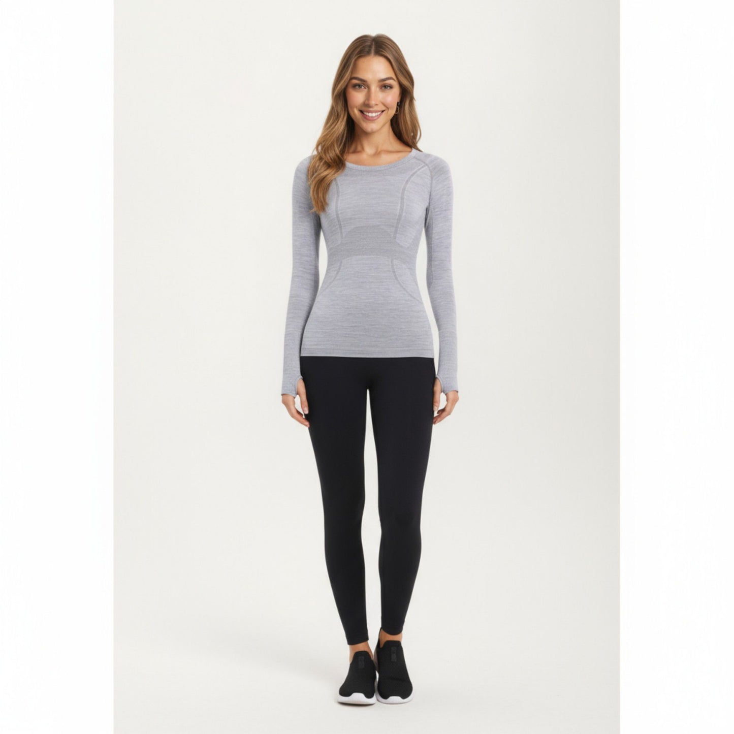 Seamless Long Sleeve Fitted Top with Thumbhole Cuffs and Crew Neck