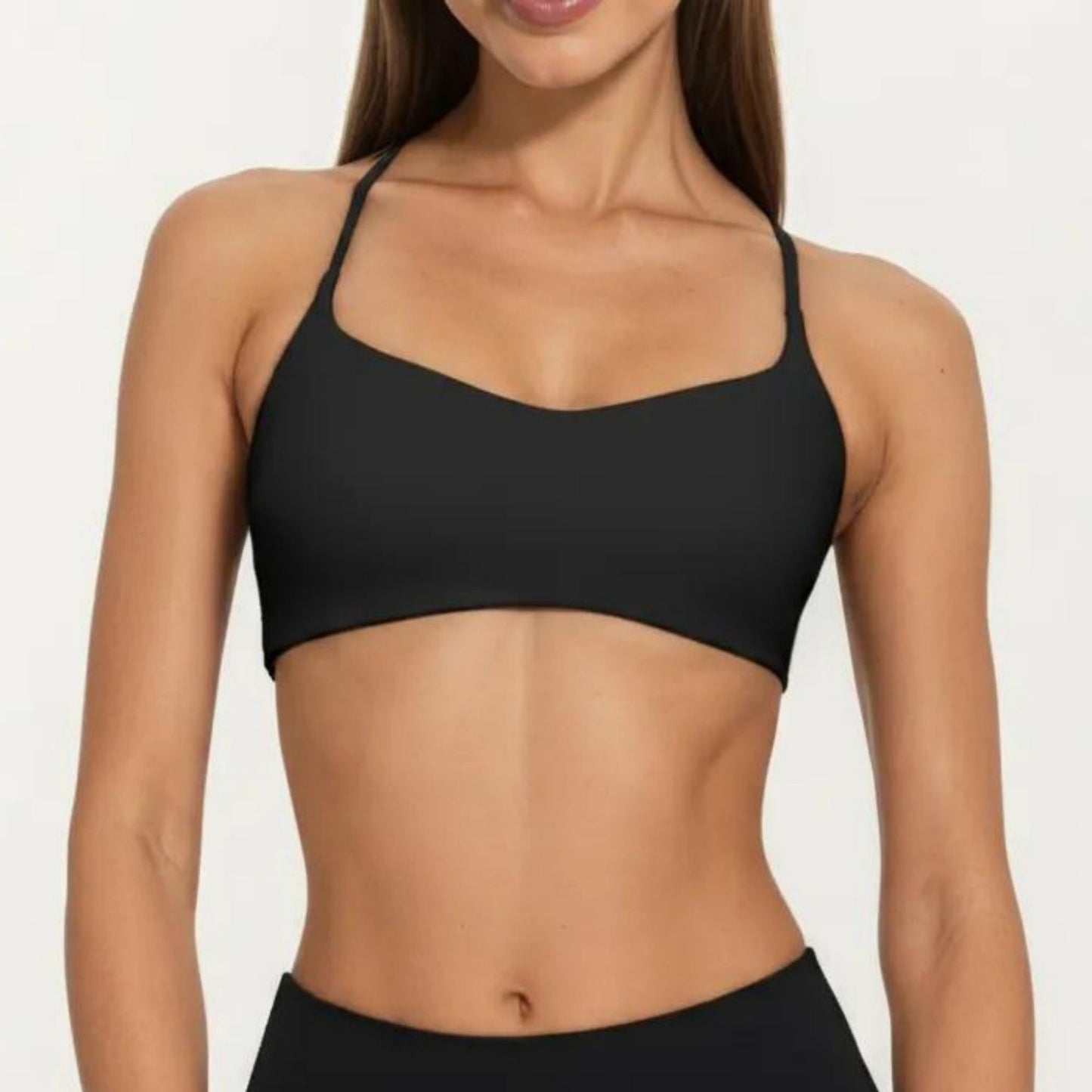 Strappy Sports Bra with Adjustable Cross Back and Scoop Neck Front