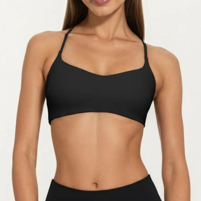 Strappy Sports Bra with Adjustable Cross Back and Scoop Neck Front