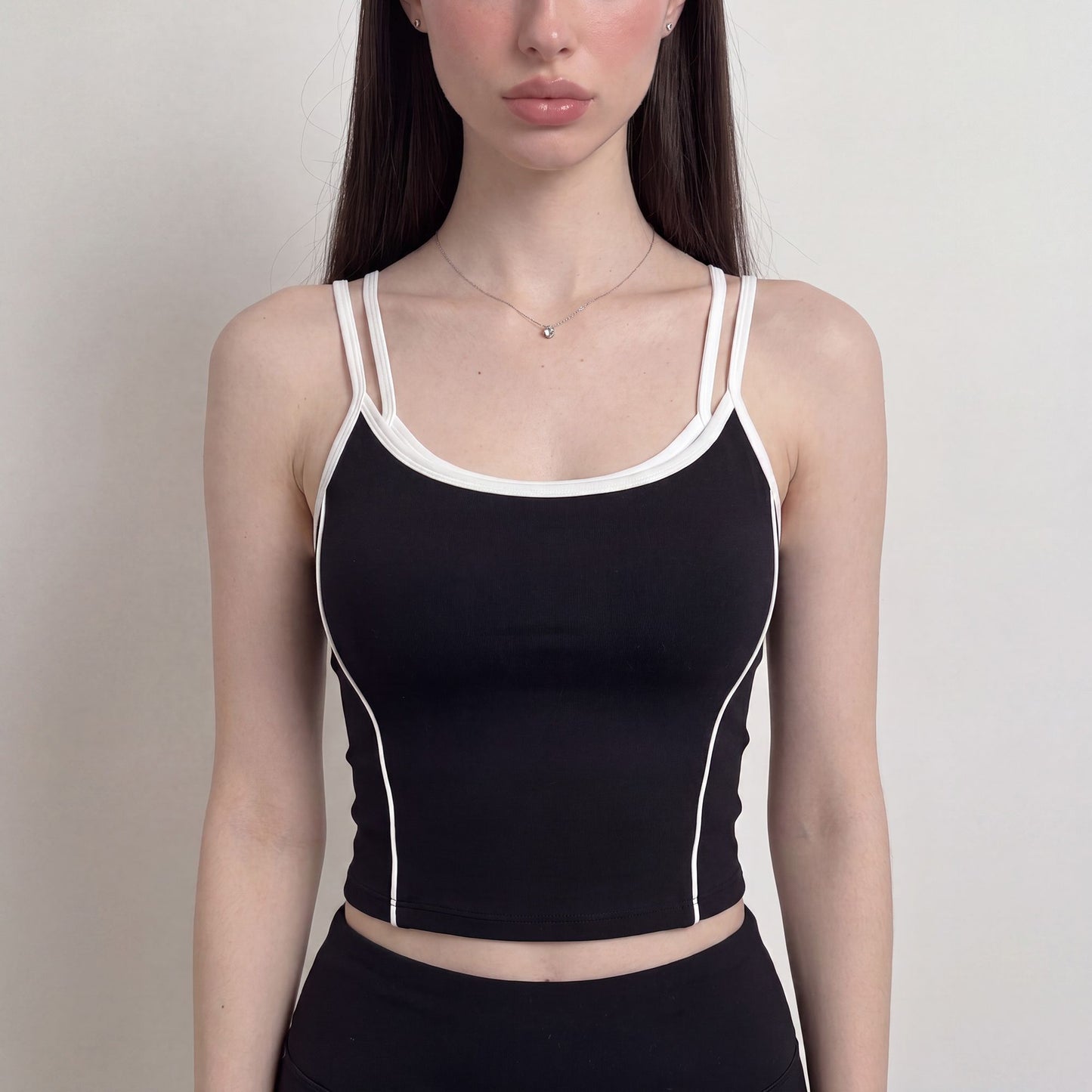 Contrast Trim Double Strap Cropped Cami Tank Top with Fitted Light Support Activewear Design