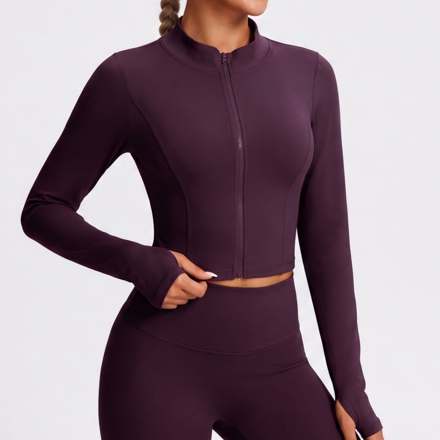 Cropped Full Zip Workout Jacket with Thumbholes