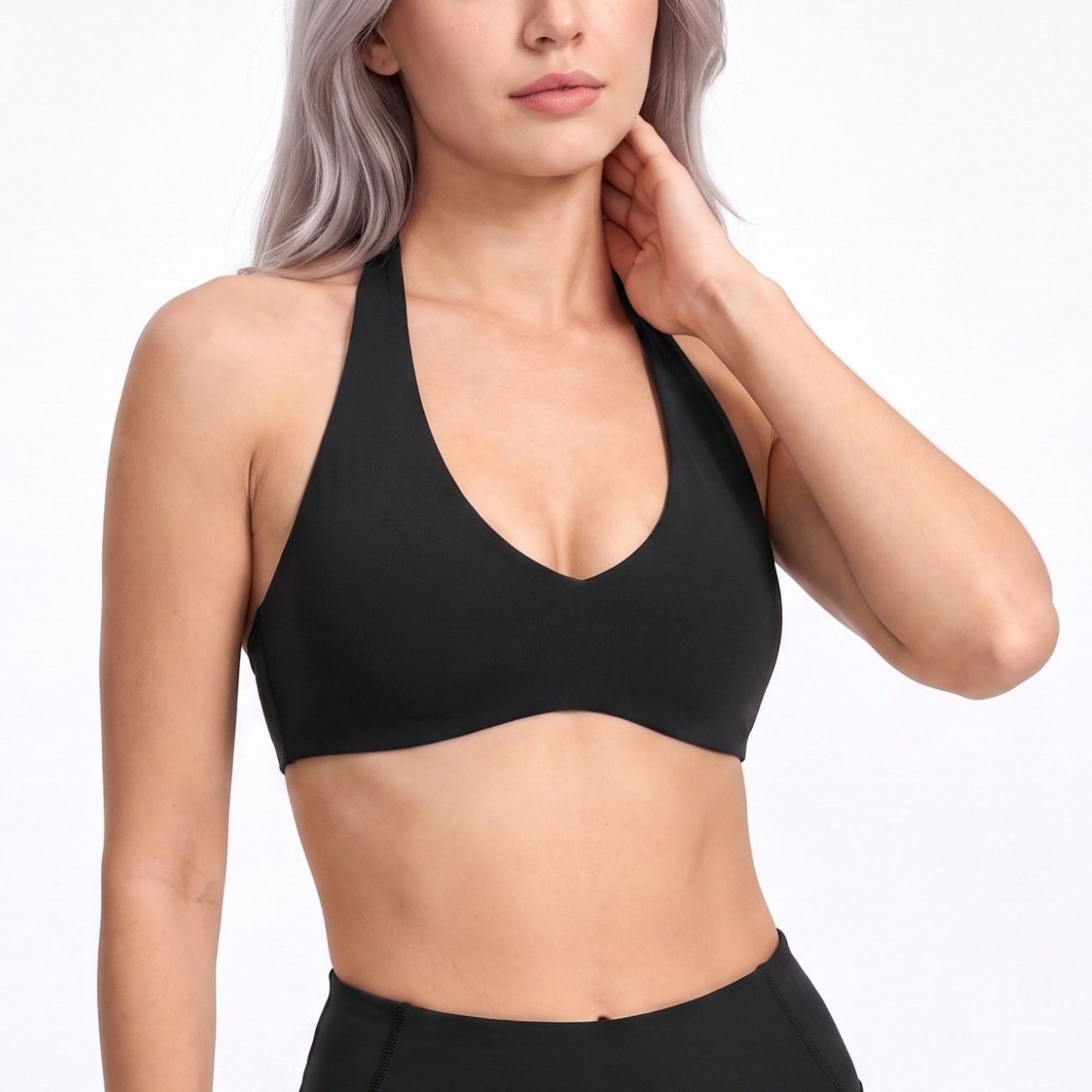 Halter Sports Bra Scoop Neck Open Back Workout Top