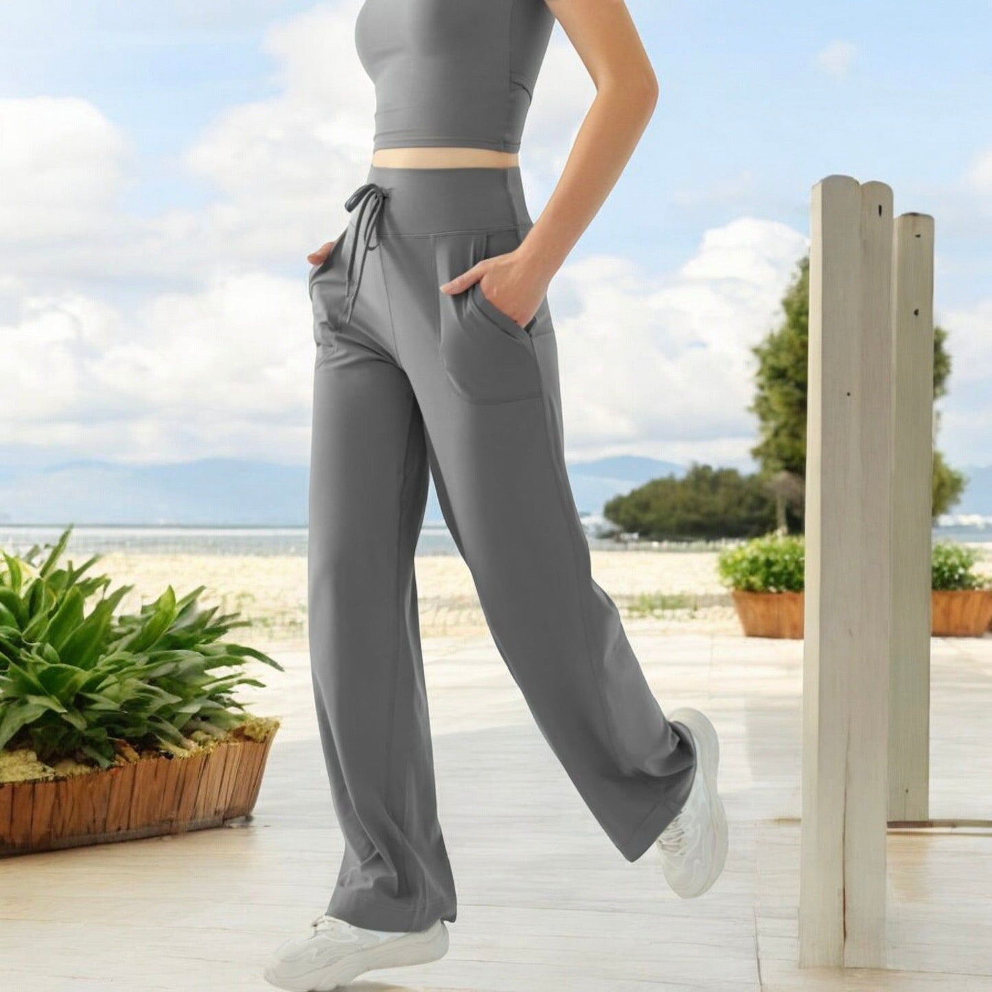 High Waisted Wide Leg Lounge Pants with Drawstring and Pockets