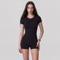 Short Sleeve One Piece Active Romper with Crew Neck Built In Padding Fitted Shorts and Smooth Stretch Fabric