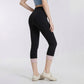 High Waist Capri Leggings with Folded Cuff Hem Wide Waistband Smooth Stretch Yoga Pants