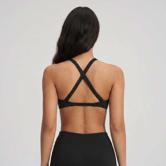 Padded V Neck Sports Bra Tank Top Wide Strap Workout Yoga Crop Top