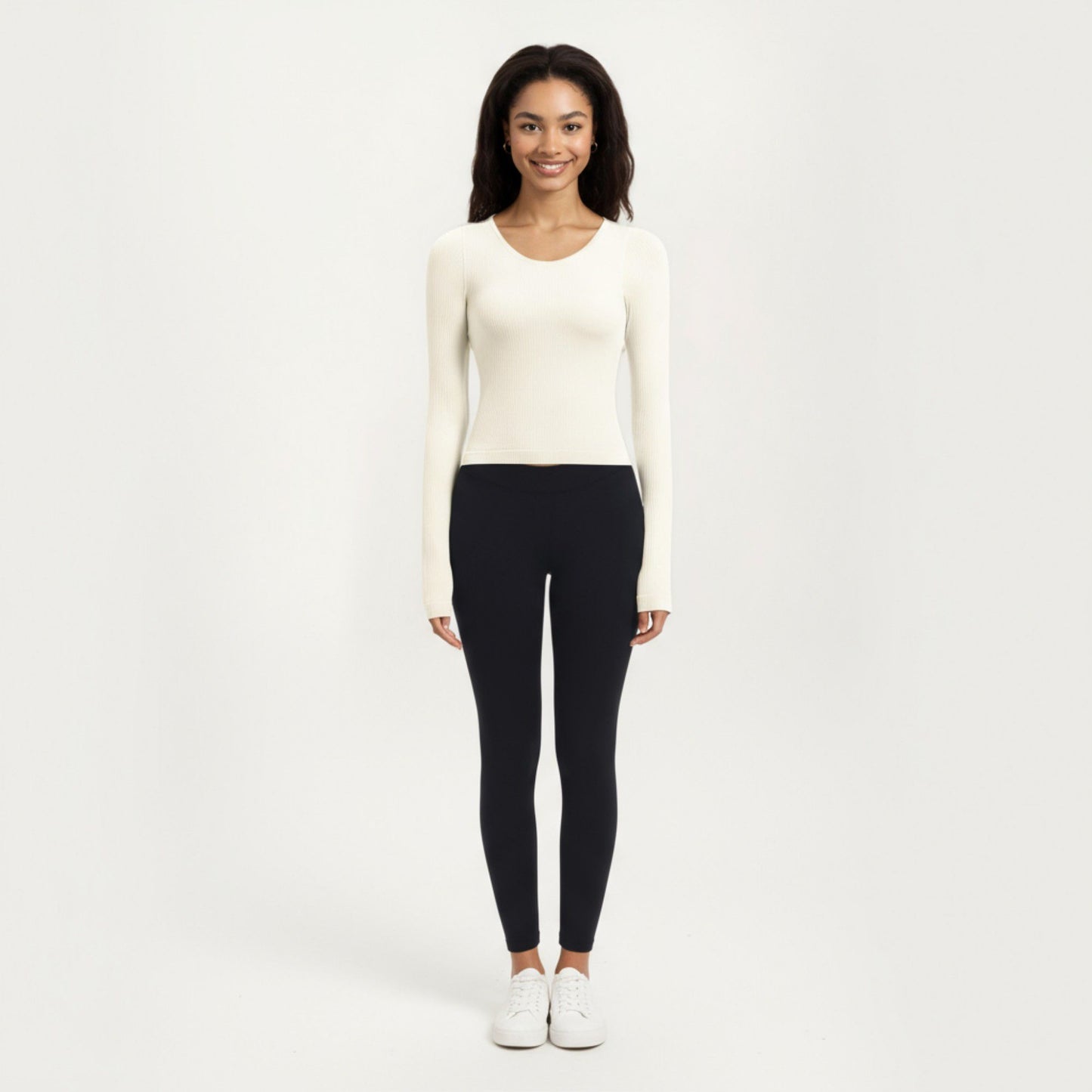 Ribbed Long Sleeve Fitted Top with Crew Neck and Thumbhole Cuffs