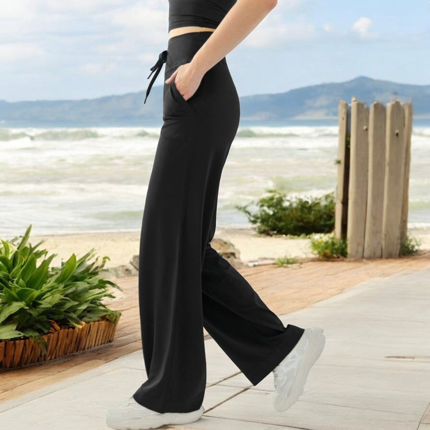 High Waisted Wide Leg Lounge Pants with Drawstring and Pockets