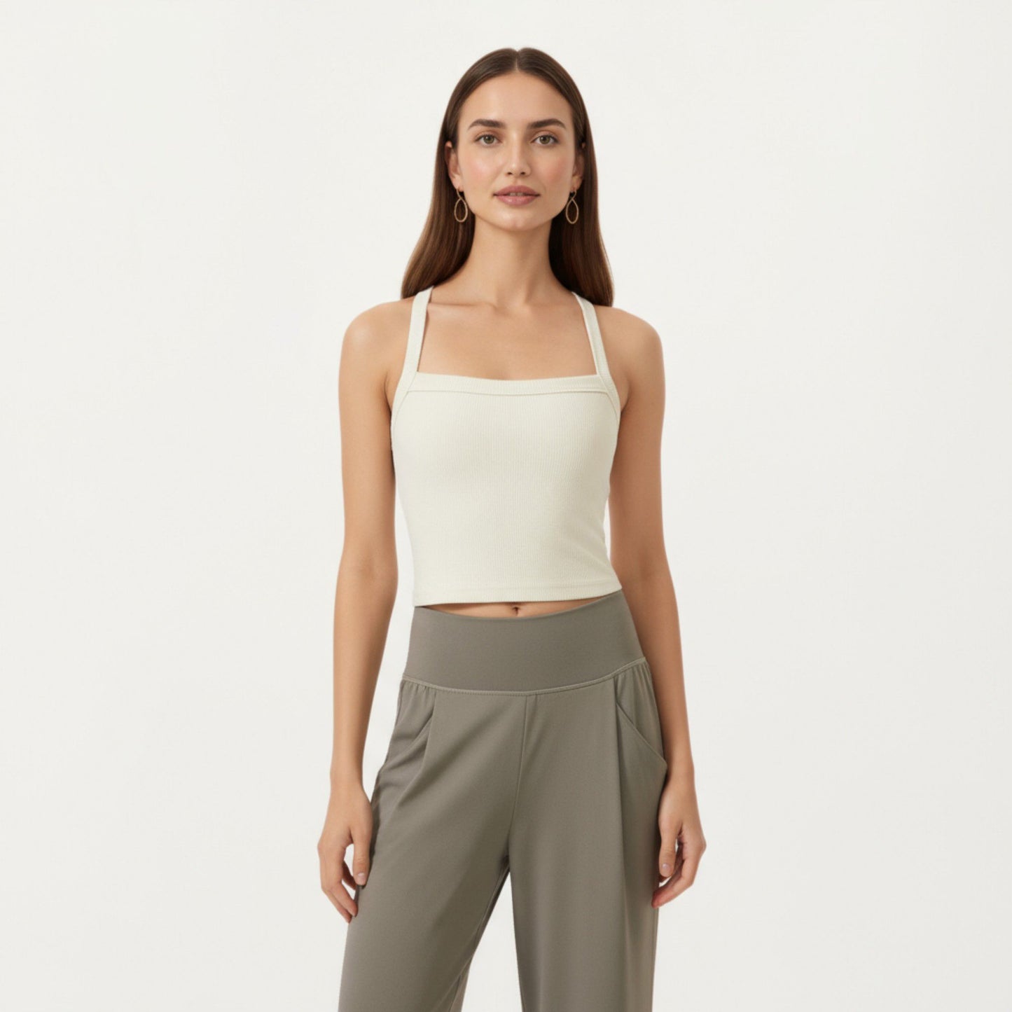Square Neck Ribbed Knit Cropped Tank Top with Wide Shoulder Straps