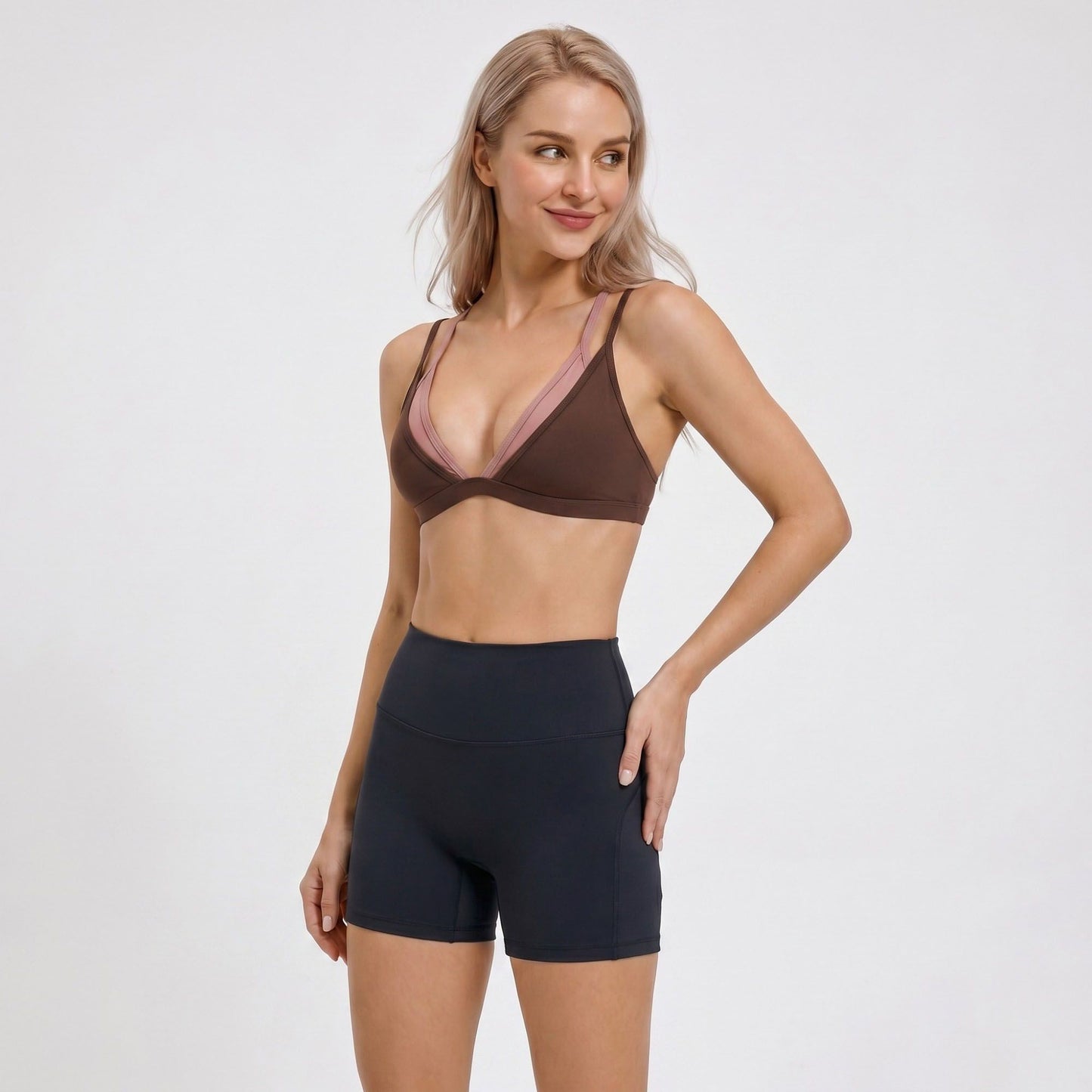 Padded Double Strap V Neck Sports Bra Tank Top Contrast Trim Workout Yoga Crop Top