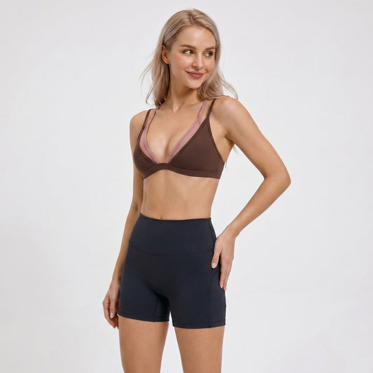 Padded Double Strap V Neck Sports Bra Tank Top Contrast Trim Workout Yoga Crop Top