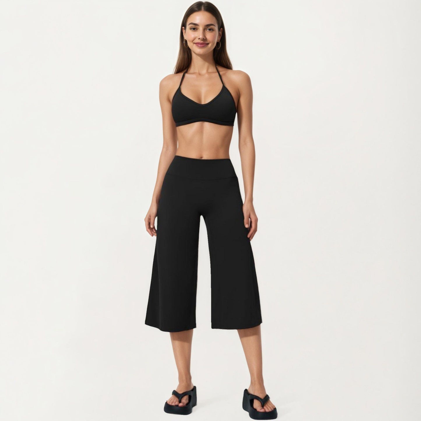 High Waist Capri Wide Leg Pants with Smooth Stretch Fabric and Relaxed Fit