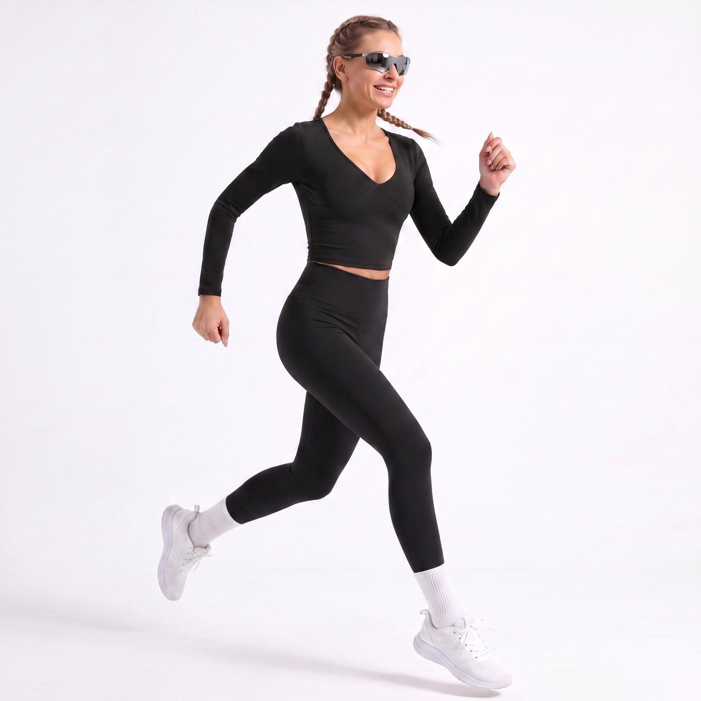 V Neck Long Sleeve Workout Crop Top Fitted Active Shirt