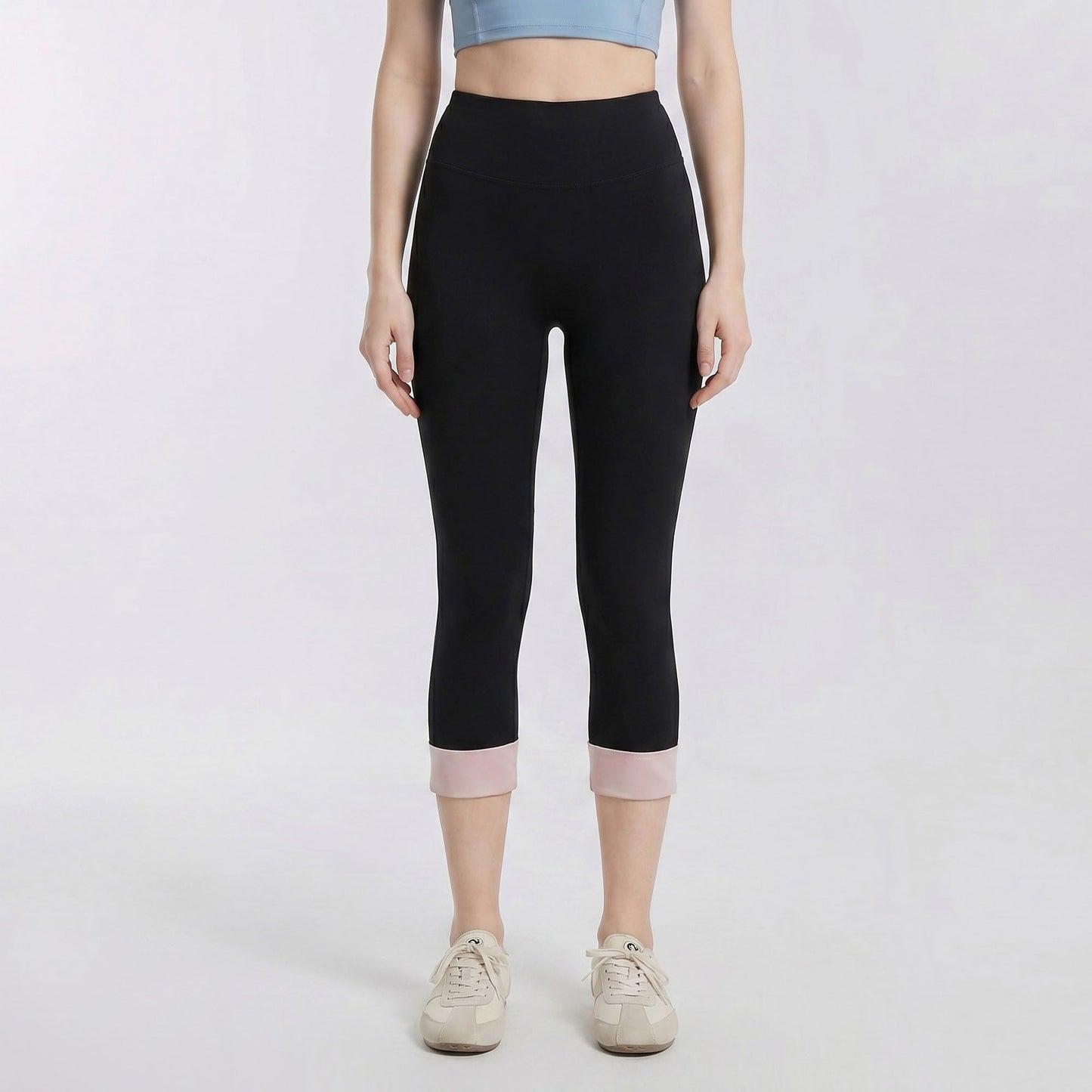 High Waist Capri Leggings with Folded Cuff Hem Wide Waistband Smooth Stretch Yoga Pants