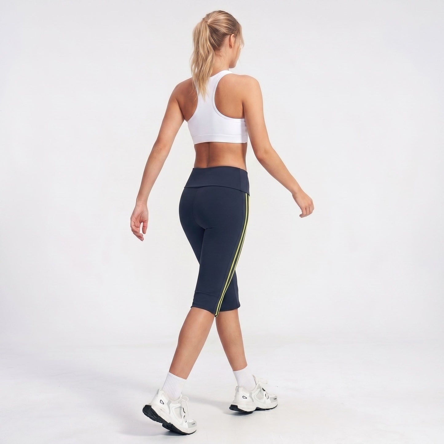 High Waist Side Stripe Capri Leggings Wide Waistband Cropped Workout Yoga Pants