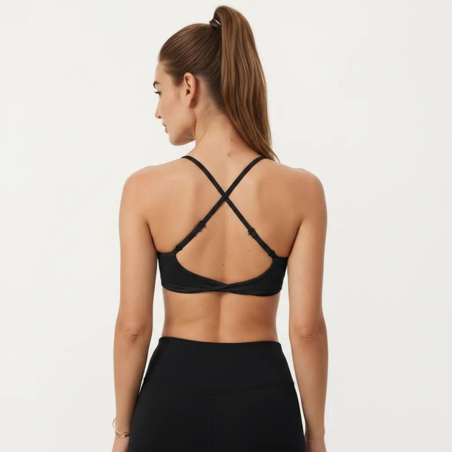 Strappy Sports Bra with Adjustable Cross Back and Scoop Neck Front