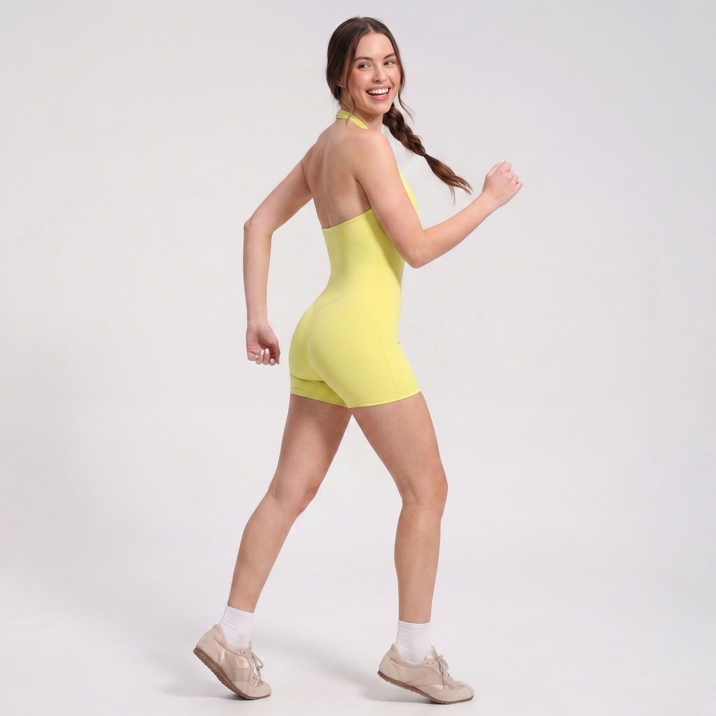 Halter Neck Active Romper Sleeveless Open Back Workout Yoga One Piece Shorts Jumpsuit
