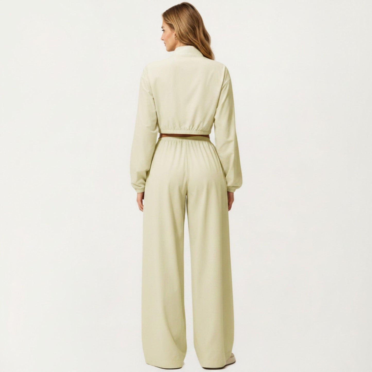 Cropped Zip Front Jacket with Elastic Hem and Long Sleeves
