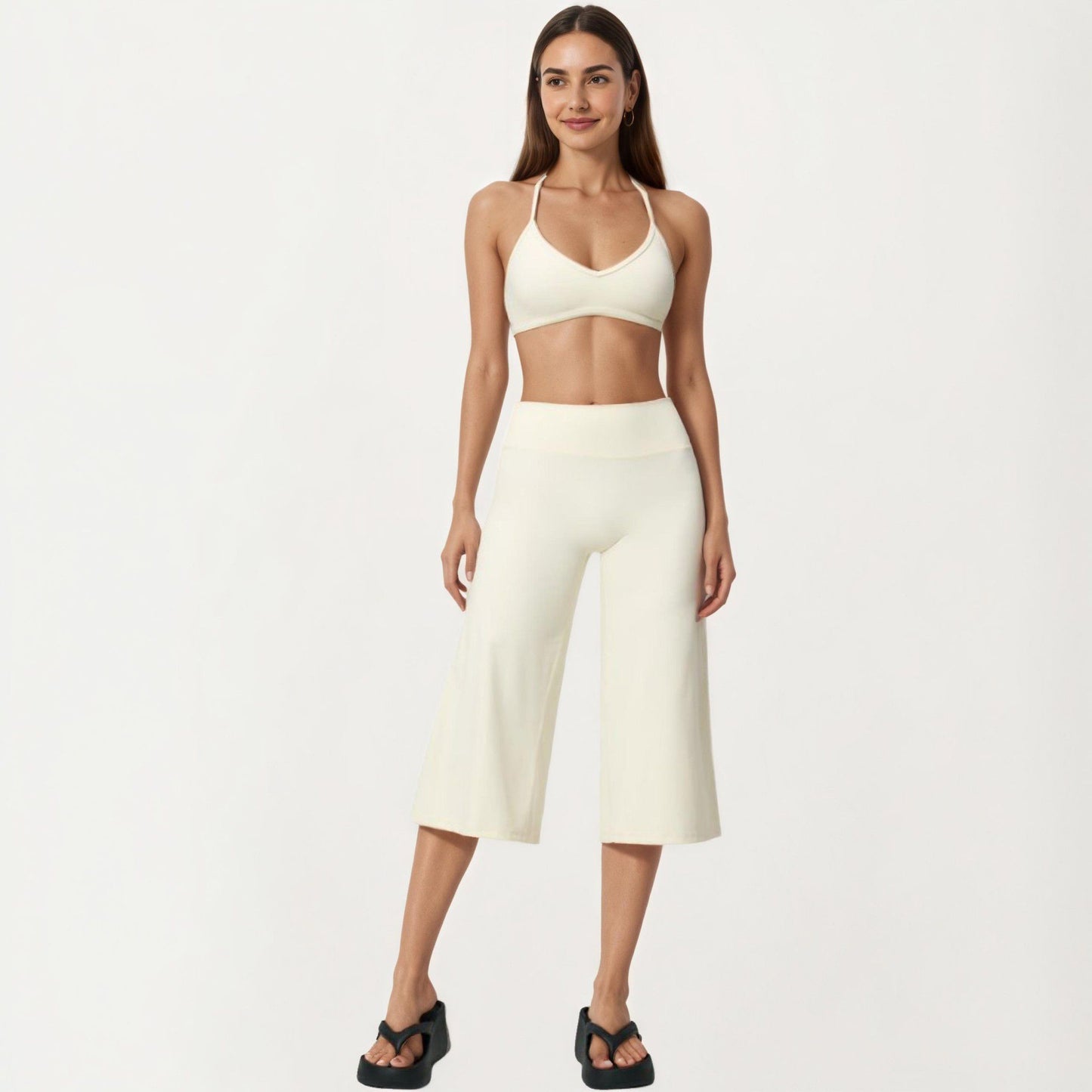 High Waist Capri Wide Leg Pants with Smooth Stretch Fabric and Relaxed Fit