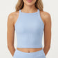 High Neck Ribbed Cropped Tank Top with Contrast Piping Trim