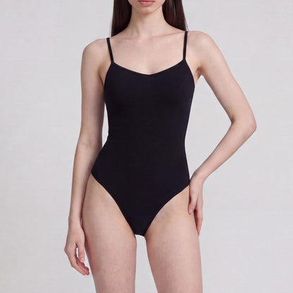 Ribbed Cami Bodysuit with V Neckline and Slim Spaghetti Straps