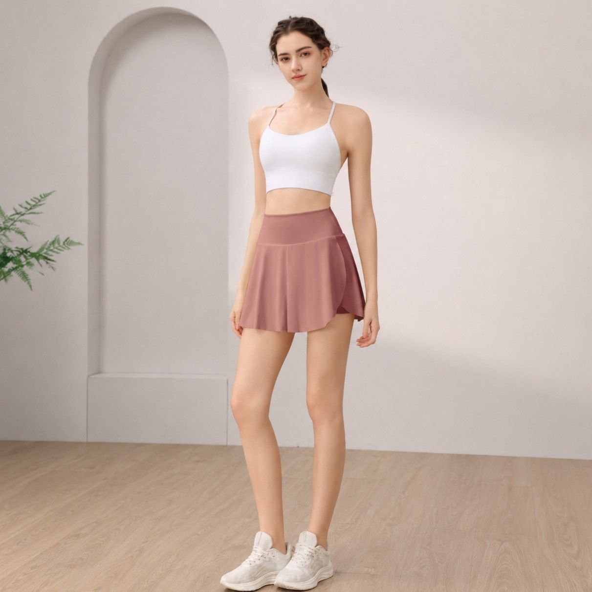 High Rise Flowy Athletic Skort with Side Pocket and Built-In Shorts