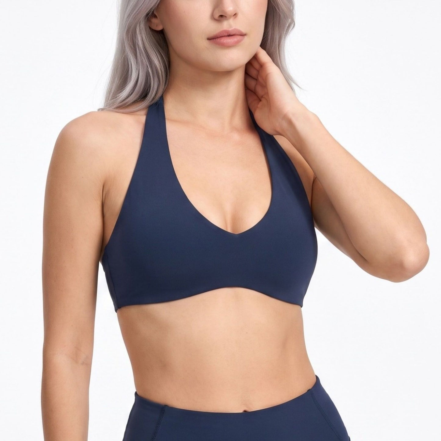 Halter Sports Bra Scoop Neck Open Back Workout Top