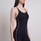 Sleeveless One Piece Active Jumpsuit with Contrast Piping Scoop Neck and Full Length Legging Fit