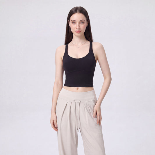 Cropped Yoga Tank Top with Built In Padding Scoop Neck Wide Strap Fitted Activewear Top