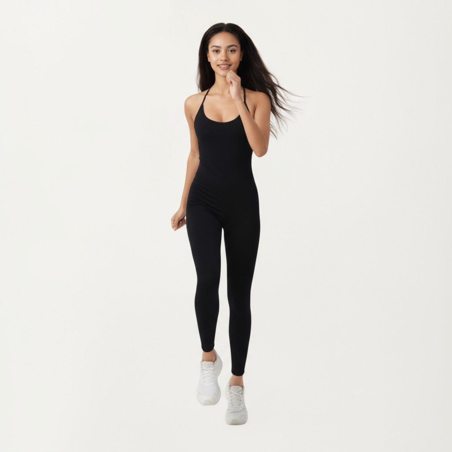 Scoop Neck Full-Length Activewear Bodysuit with Spaghetti Straps