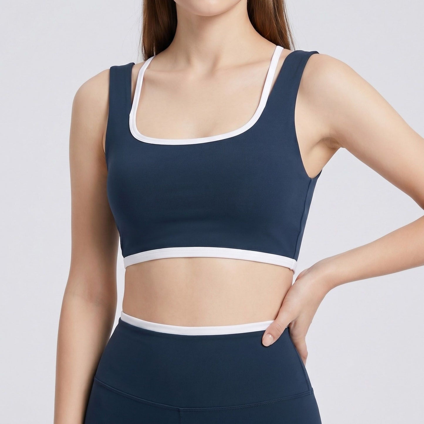 Padded Contrast Trim Sports Bra Tank Top Square Neck Workout Yoga Crop Top