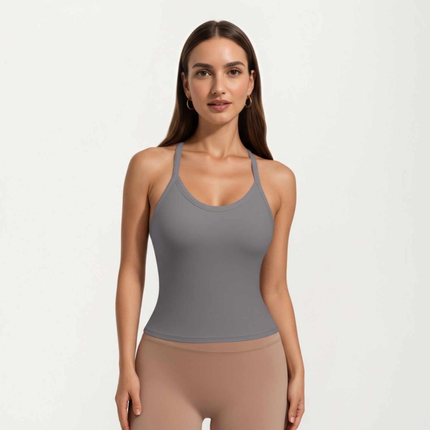 Fitted Strappy Back Tank Top with Scoop Neck and Cross Back Design