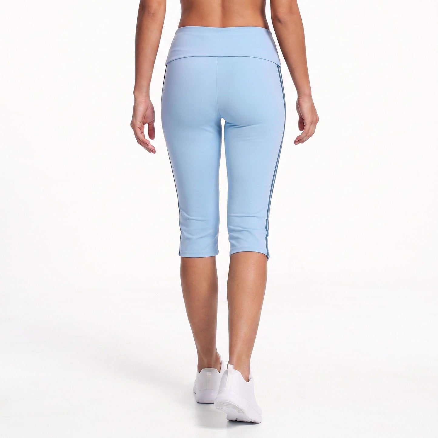 Foldover Waist Capri Leggings with Contrast Side Stripes
