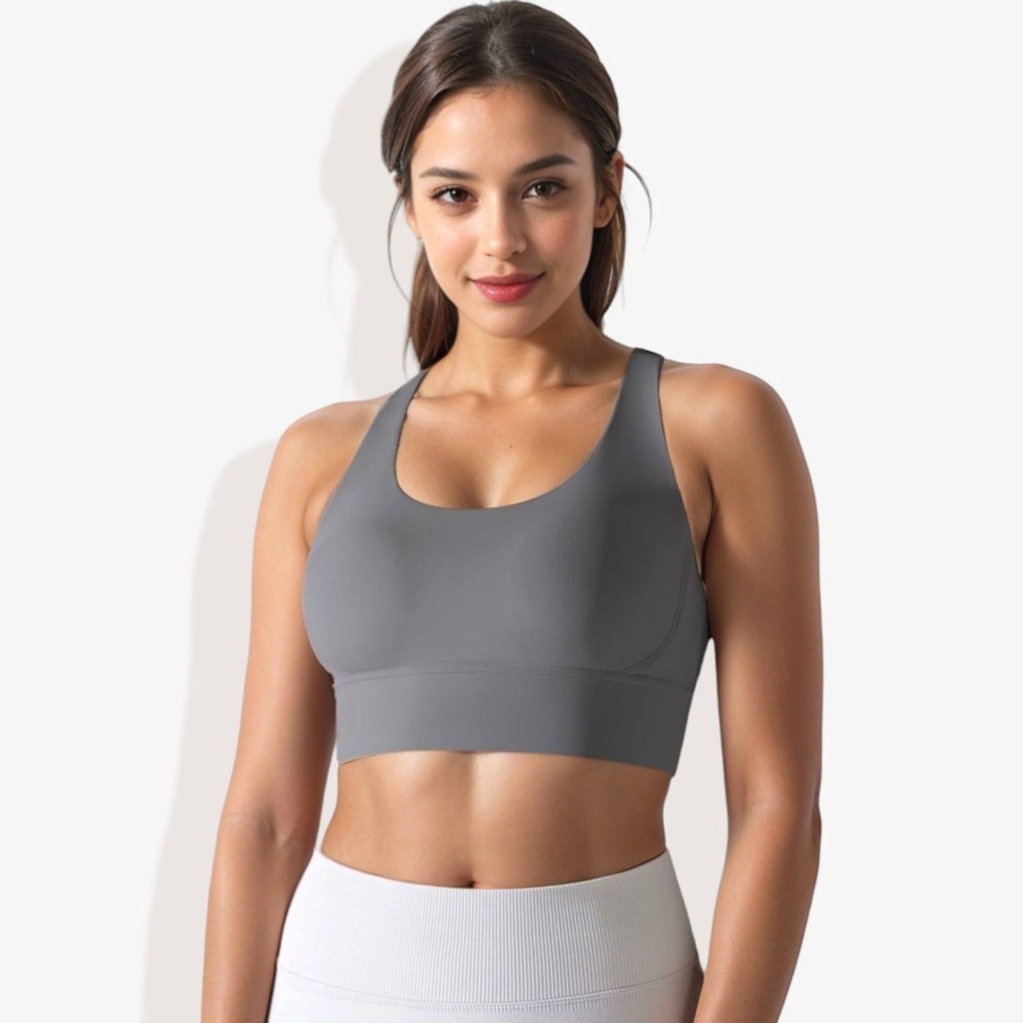 Scoop Neck Stretchy Cropped Banded Criss Cross Back Sports Bra