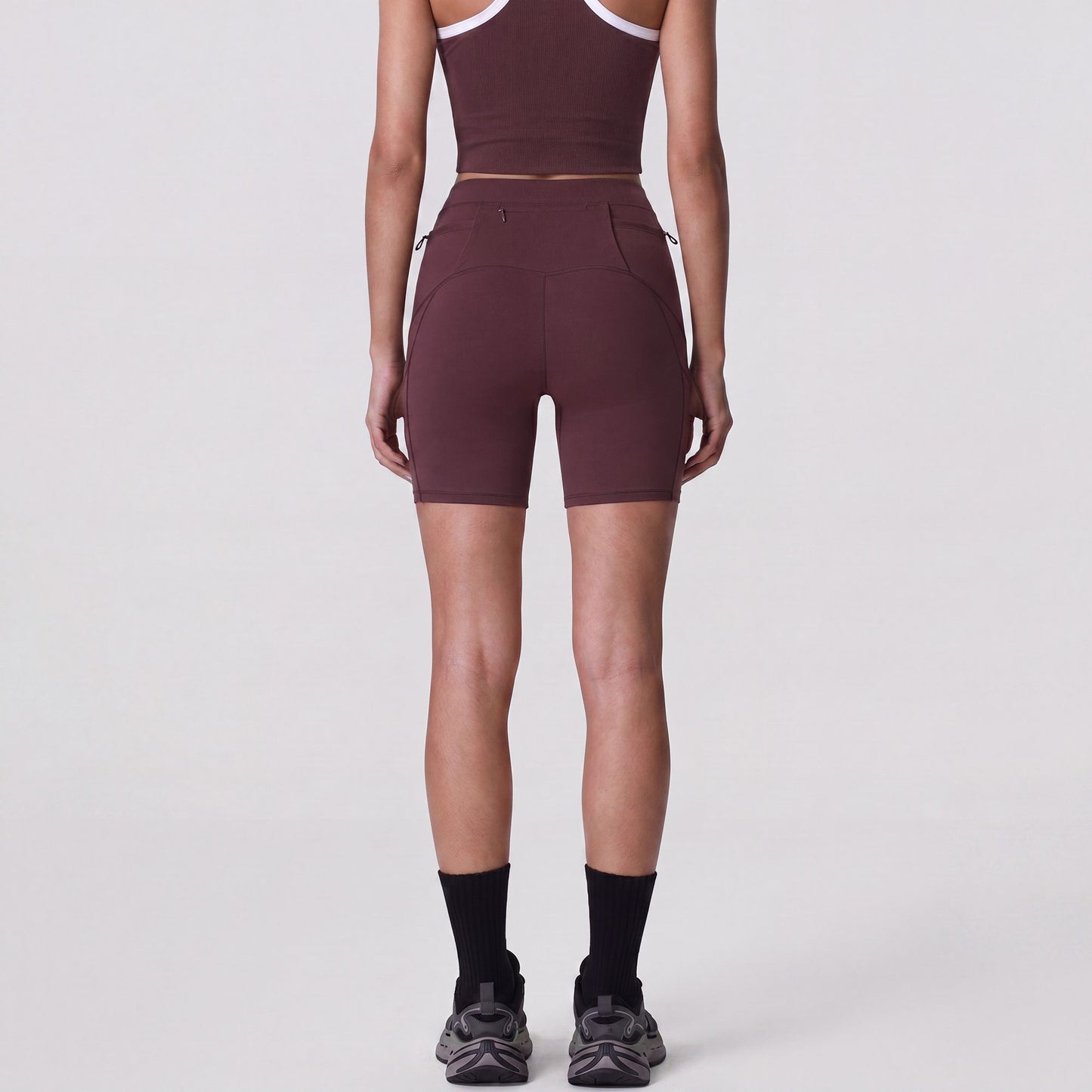 High Waist Ribbed Biker Shorts with Side Pocket and Adjustable Drawcord Detail