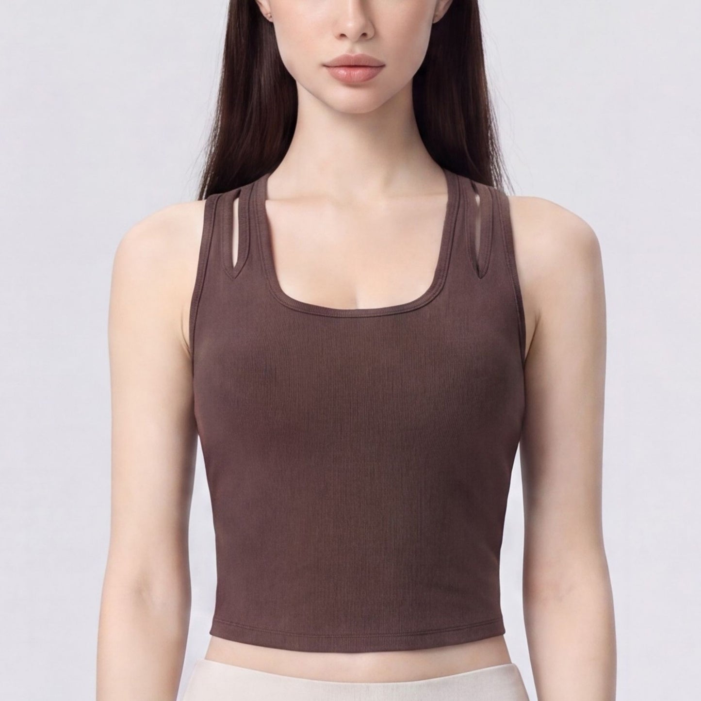 Sleeveless Yoga Tank Top with Built In Padding Scoop Neck Cutout Strap Detail and Fitted Activewear Silhouette