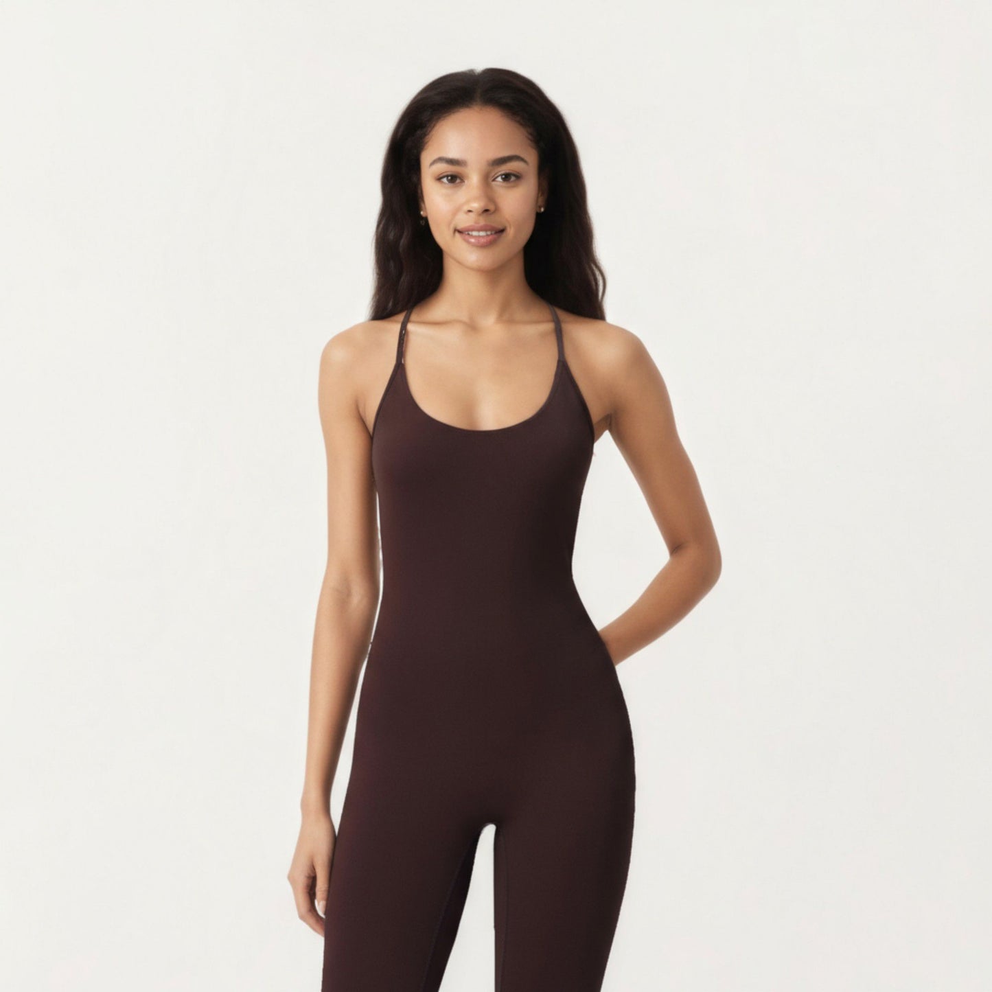 Scoop Neck Full-Length Activewear Bodysuit with Spaghetti Straps