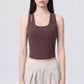 Sleeveless Yoga Tank Top with Built In Padding Scoop Neck Cutout Strap Detail and Fitted Activewear Silhouette