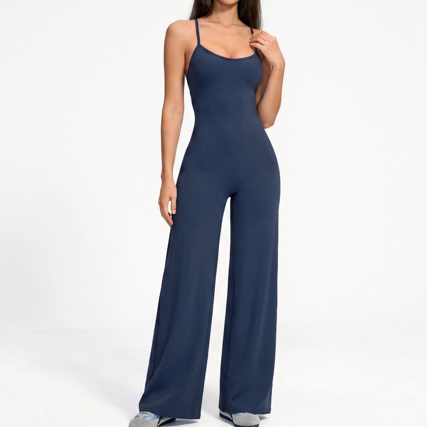 Scoop Neck Wide Leg Athletic Jumpsuit with Adjustable Crisscross Back Straps for Yoga Gym