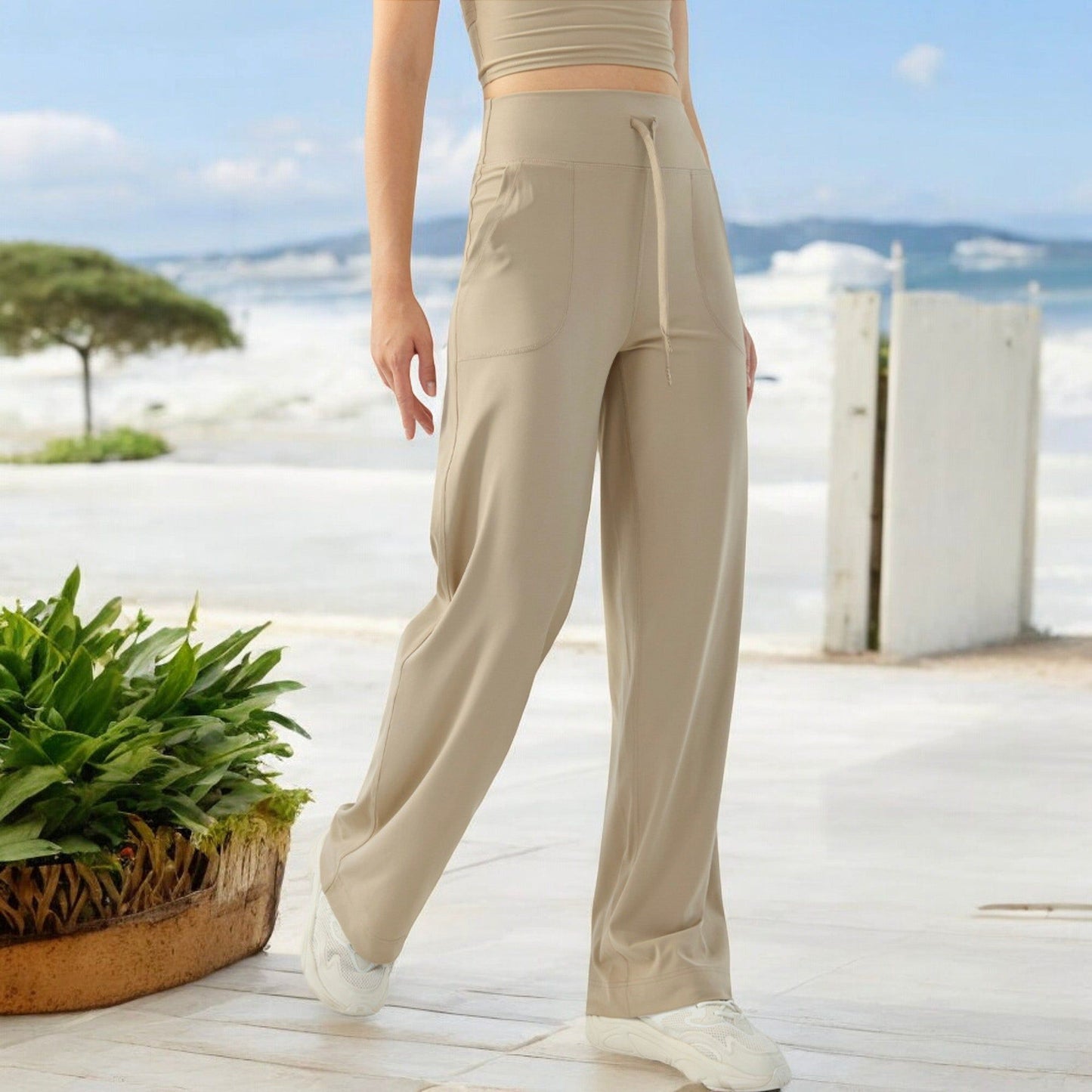 High Waisted Wide Leg Lounge Pants with Drawstring and Pockets