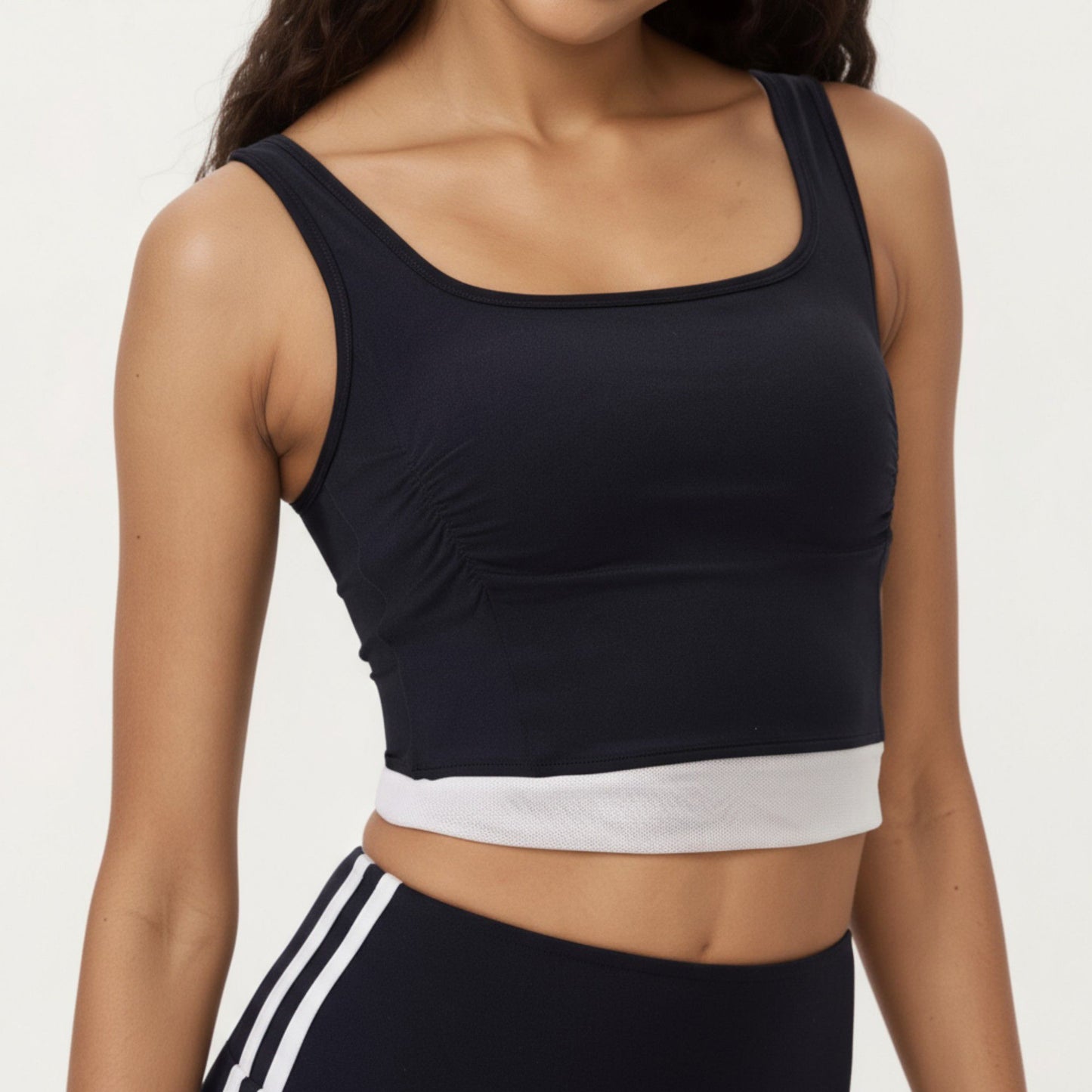 Square Neck Cropped Active Tank Top with Contrast Elastic Hem