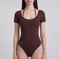 Short Sleeve One Piece Active Bodysuit with Built In Padding Open Back Stretch Fit and Quick Dry Fabric