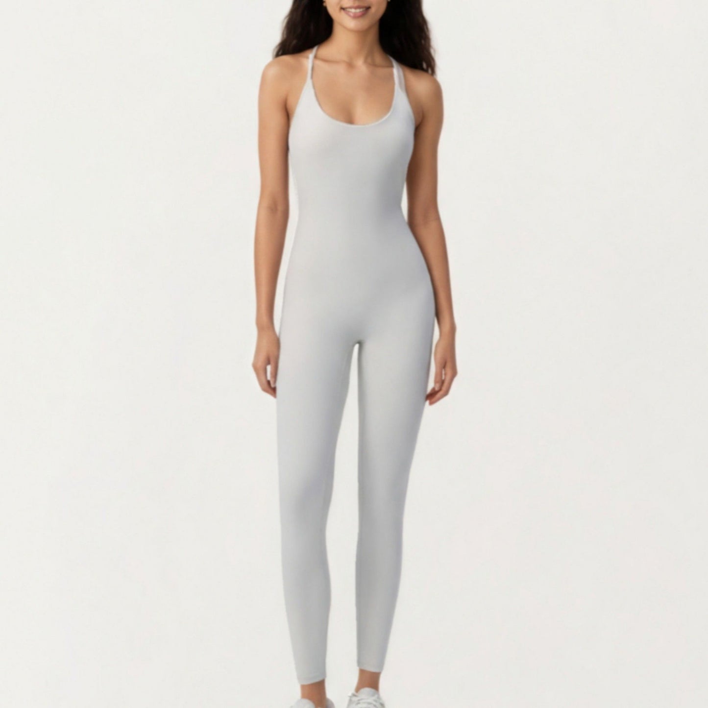 Scoop Neck Full-Length Activewear Bodysuit with Spaghetti Straps