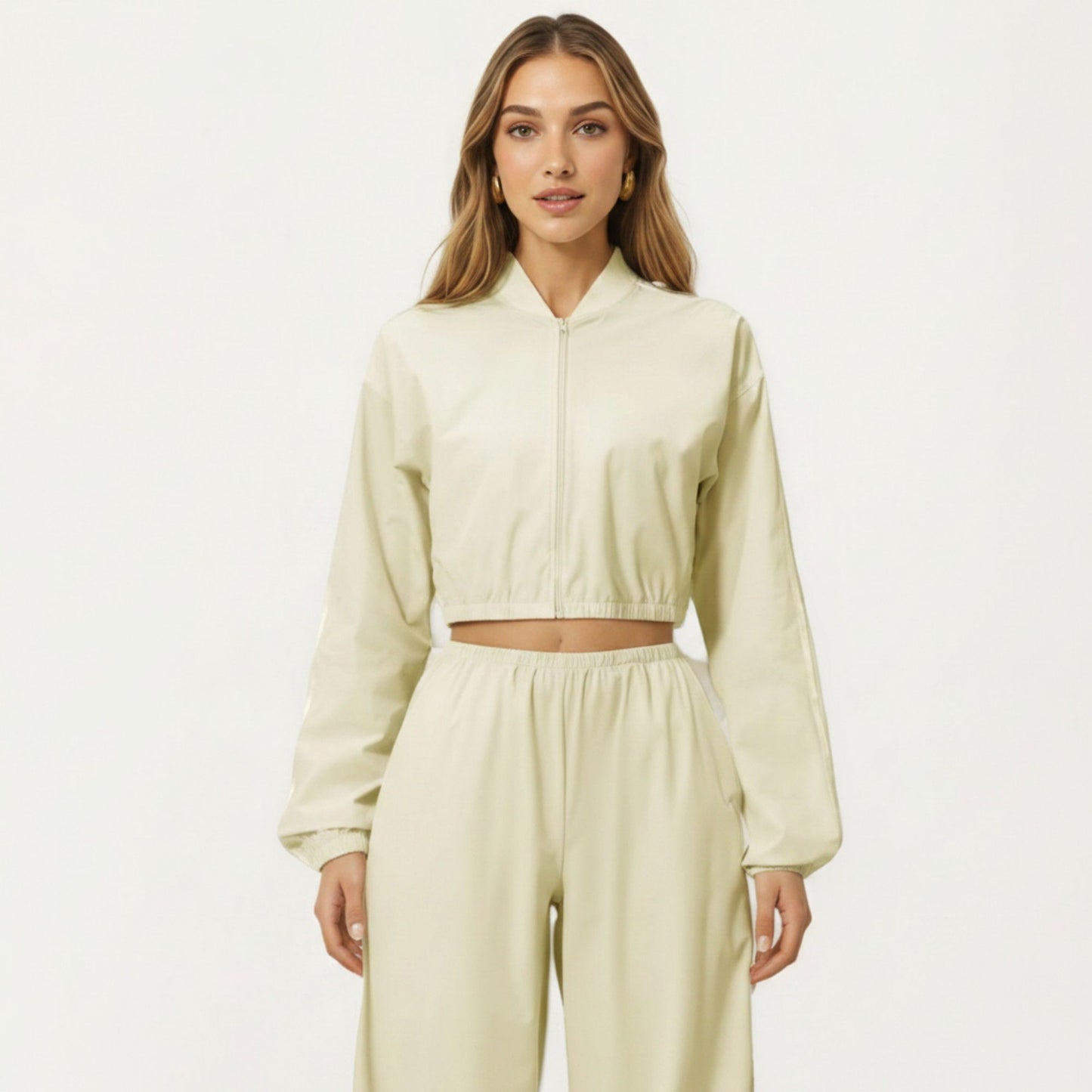 Cropped Zip Front Jacket with Elastic Hem and Long Sleeves